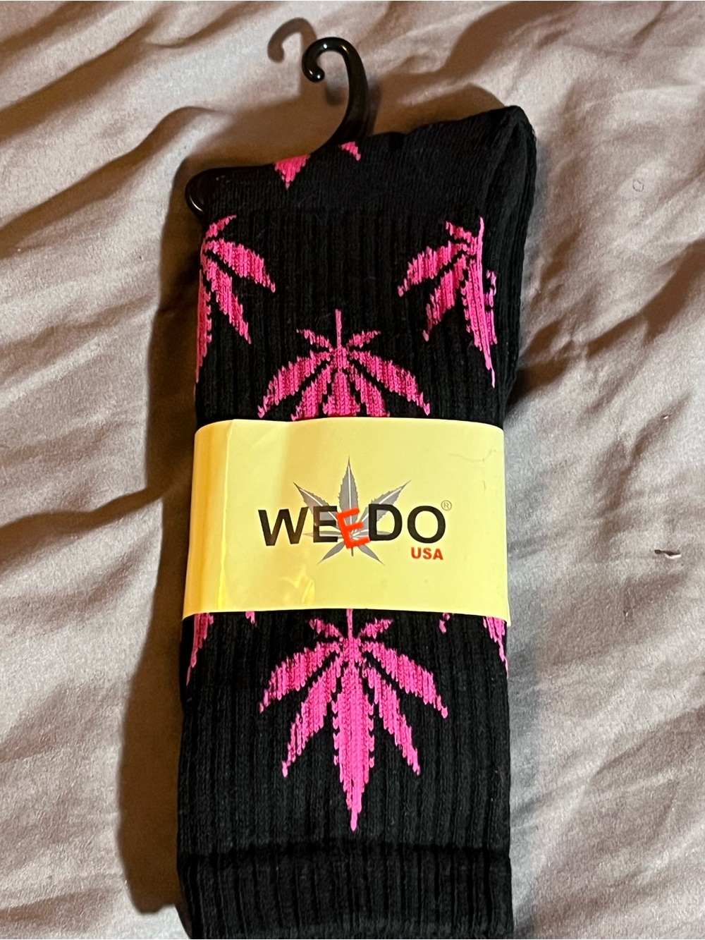 Black Crew Socks with Pink Leaf Motif